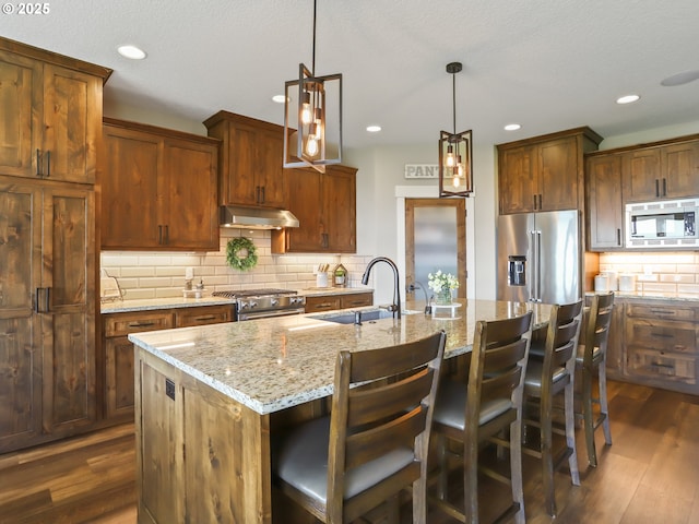 29349 SE Sunview Ln, Estacada, OR 97023 - kitchen with high quality appliances, under cabinet range hood, a sink, tasteful backsplash, and dark wood-style flooring