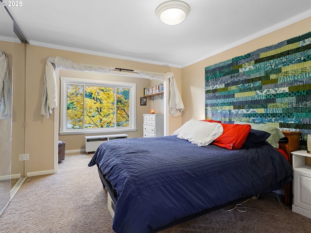 bedroom featuring carpet floors, crown molding, and an AC wall unit