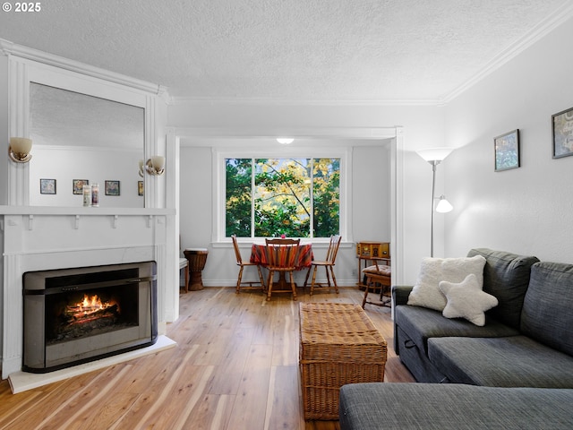 living room featuring a textured ceiling, light hardwood / wood-style floors, and crown molding