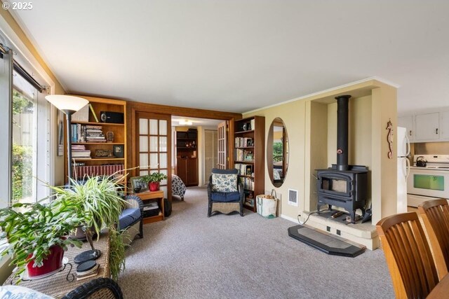 1745 Pearl St, Tillamook, OR 97141 - living room featuring a wood stove, carpet floors, and baseboards