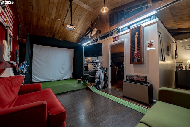 20131 Bridge Creek Rd SE, Silverton, OR 97381 - playroom featuring wood ceiling, wood finished floors, and golf simulator