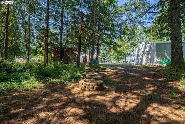 20131 Bridge Creek Rd SE, Silverton, OR 97381 - view of yard with an outdoor fire pit and a shed