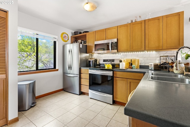 kitchen featuring dark countertops, a sink, backsplash, baseboards, and appliances with stainless steel finishes