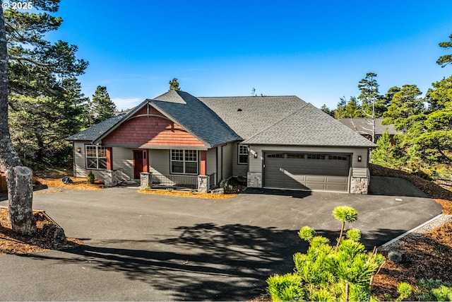 view of front facade featuring a garage, roof with shingles, and driveway