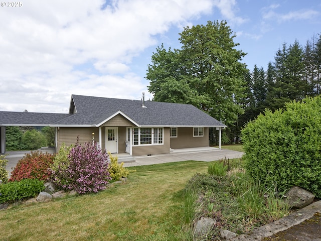 13708 NE 401st Way, Amboy, WA 98601 - ranch-style house featuring a front yard, roof with shingles, and a patio area