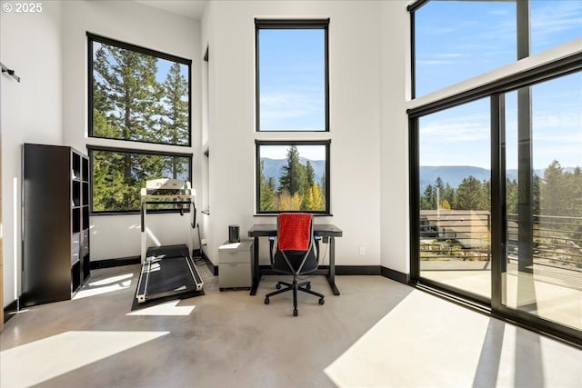 725 NW Angel Heights Rd, Stevenson, WA 98648 - office area featuring a high ceiling, finished concrete floors, a mountain view, and baseboards