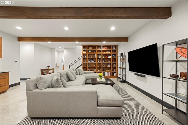 725 NW Angel Heights Rd, Stevenson, WA 98648 - living room with beamed ceiling, baseboards, recessed lighting, and stairway
