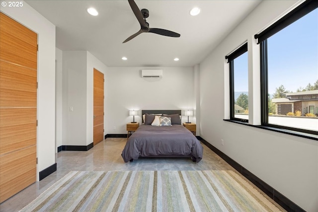 725 NW Angel Heights Rd, Stevenson, WA 98648 - bedroom with recessed lighting, an AC wall unit, baseboards, and a ceiling fan