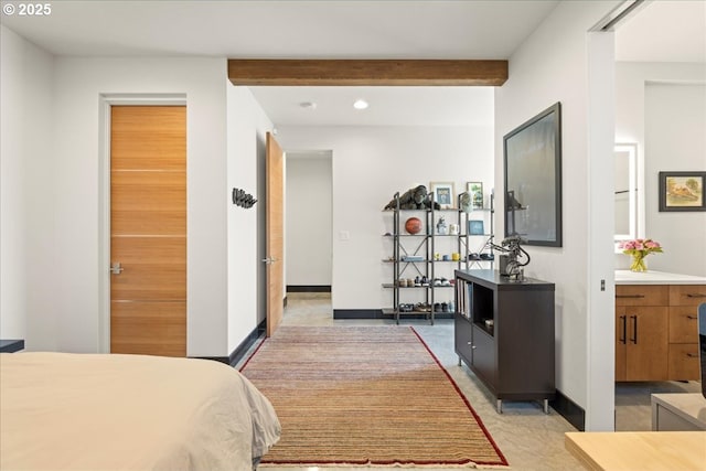 725 NW Angel Heights Rd, Stevenson, WA 98648 - bedroom featuring recessed lighting, beam ceiling, baseboards, and ensuite bathroom