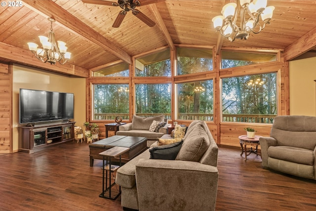 living room with vaulted ceiling with beams, wood ceiling, dark wood-type flooring, and wooden walls