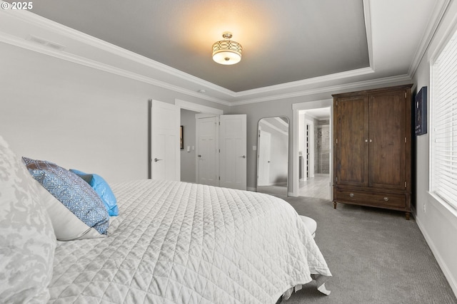 bedroom with ornamental molding, arched walkways, and carpet