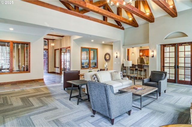 525 Springtree Ln, West Linn, OR 97068 - living area featuring a chandelier, plenty of natural light, a high ceiling, and light carpet
