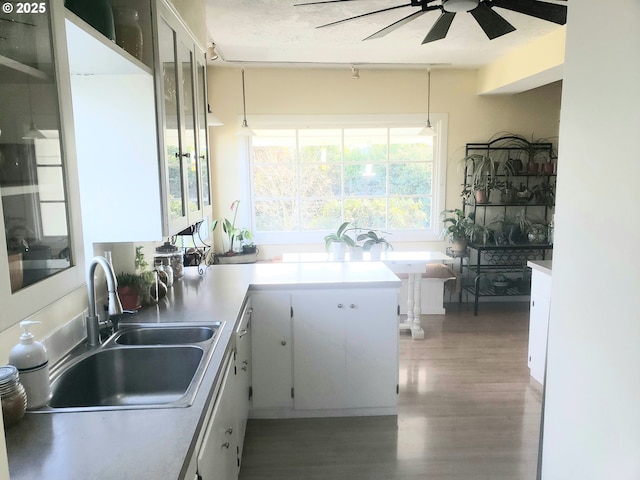 kitchen featuring sink, decorative light fixtures, hardwood / wood-style floors, and white cabinets