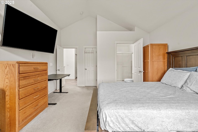 2590 NW 2nd Ter, Gresham, OR 97030 - bedroom featuring light colored carpet, high vaulted ceiling, and connected bathroom