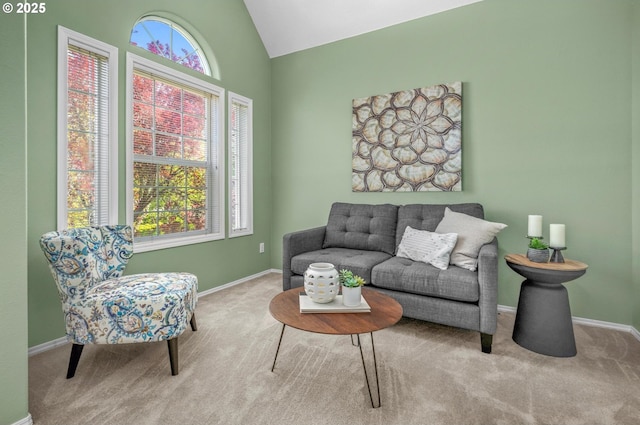 305 SW 169th Pl, Beaverton, OR 97006 - living area with carpet floors, lofted ceiling, and baseboards