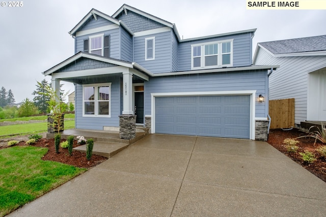 craftsman inspired home featuring stone siding, concrete driveway, a porch, and an attached garage