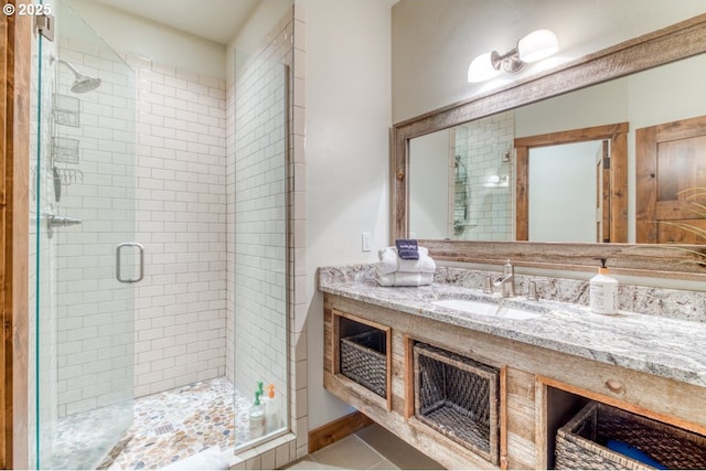 bathroom with vanity, walk in shower, and tile patterned flooring