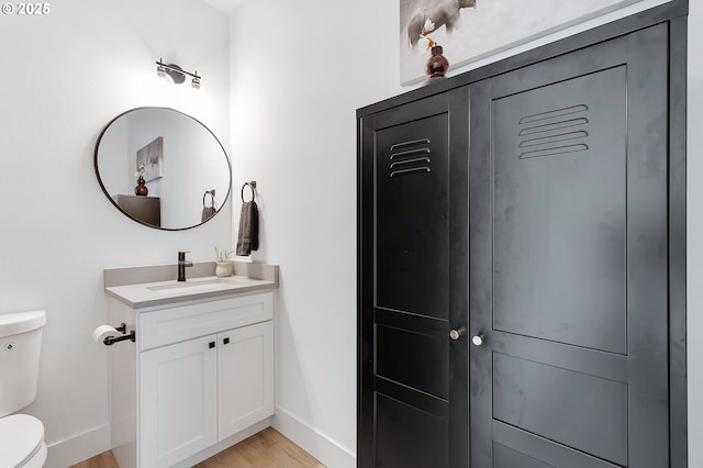 bathroom featuring vanity, hardwood / wood-style flooring, and toilet