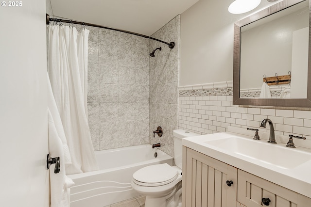 1505 NW 118th Ct, Portland, OR 97229 - full bathroom with shower / tub combo with curtain, vanity, and tile walls