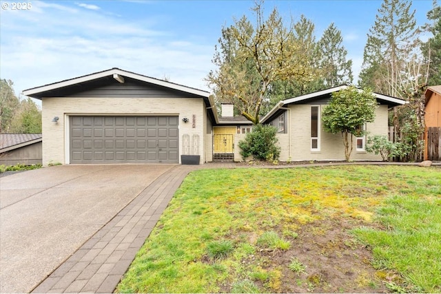 single story home featuring a garage, a front lawn, brick siding, and driveway