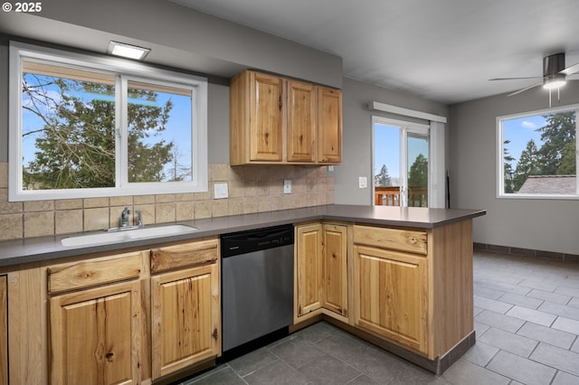 kitchen featuring a sink, dark countertops, backsplash, a peninsula, and dishwasher