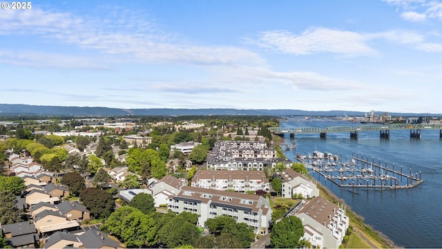 drone / aerial view of a notable bridge and a water and mountain view