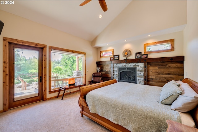 bedroom featuring carpet, high vaulted ceiling, access to outside, ceiling fan, and a fireplace