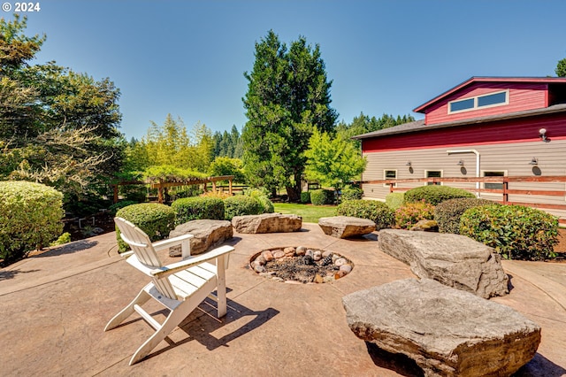 view of patio / terrace with an outdoor fire pit