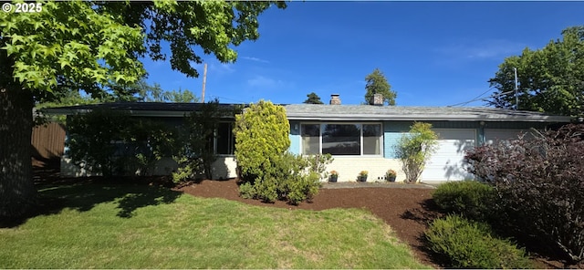 12950 SW 63rd Ave, Portland, OR 97219 - ranch-style house with a front lawn, an attached garage, brick siding, and a chimney
