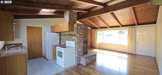 12950 SW 63rd Ave, Portland, OR 97219 - kitchen with white appliances, wood ceiling, a sink, and ornate columns