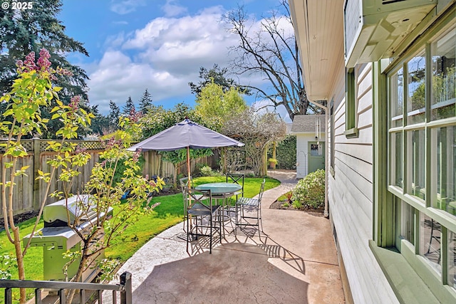 view of patio / terrace featuring a fenced backyard and outdoor dining space