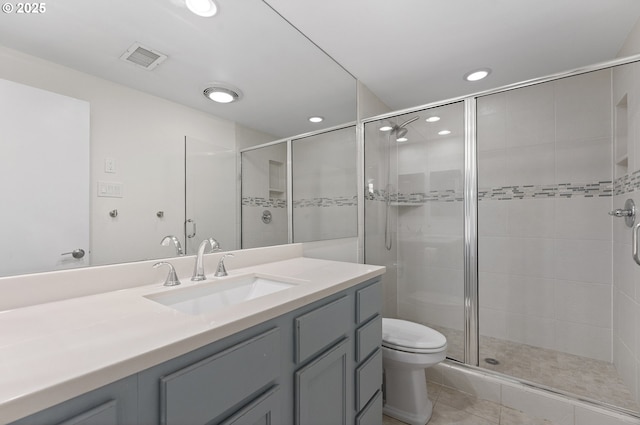 1397 Bonniebrae Dr, Lake Oswego, OR 97034 - bathroom with toilet, a stall shower, vanity, recessed lighting, and tile patterned floors