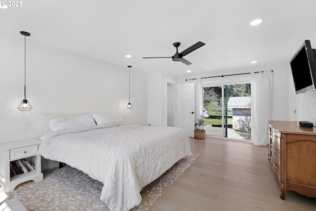 1069 Little Valley Rd, Roseburg, OR 97471 - bedroom featuring access to outside, wood finished floors, recessed lighting, and ceiling fan