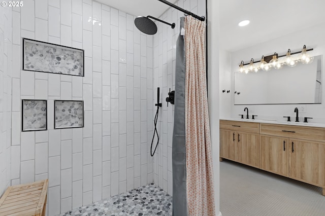 1069 Little Valley Rd, Roseburg, OR 97471 - bathroom featuring a tile shower, double vanity, and recessed lighting
