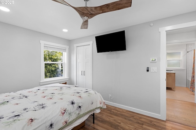 1069 Little Valley Rd, Roseburg, OR 97471 - bedroom featuring wood finished floors, recessed lighting, a closet, and ceiling fan