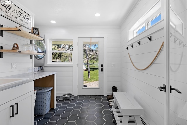 1069 Little Valley Rd, Roseburg, OR 97471 - mudroom with crown molding, dark tile patterned floors, and recessed lighting