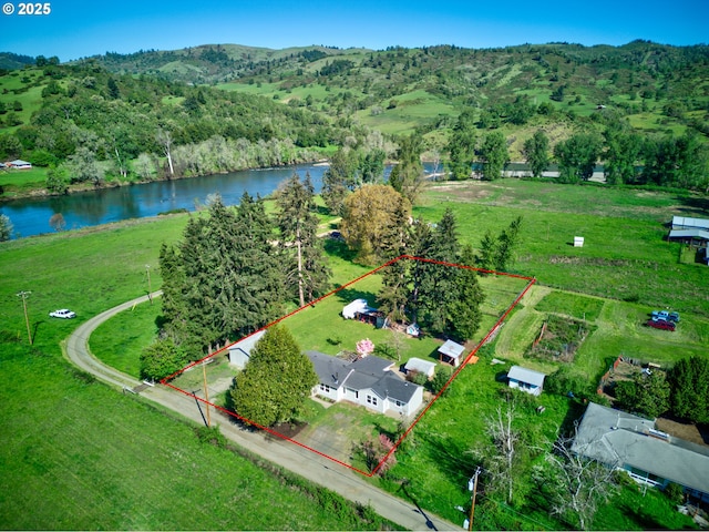 1069 Little Valley Rd, Roseburg, OR 97471 - aerial overview of property's location with a water and mountain view and property boundaries highlighted