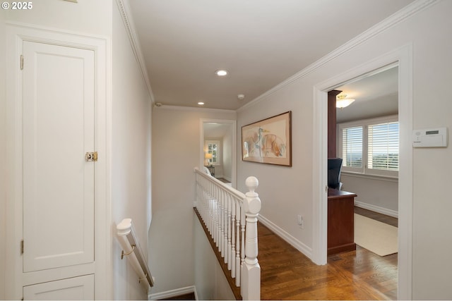 2892 NW Beuhla Vista Ter, Portland, OR 97210 - hall featuring an upstairs landing, ornamental molding, wood finished floors, recessed lighting, and baseboards