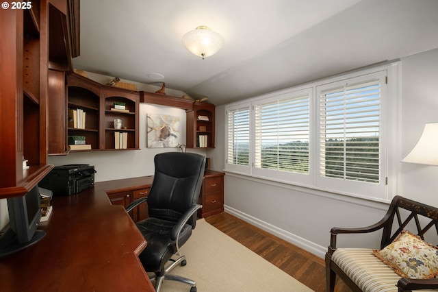 2892 NW Beuhla Vista Ter, Portland, OR 97210 - office with baseboards, dark wood-style flooring, and vaulted ceiling
