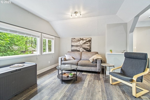 13616 SE Rhine St, Portland, OR 97236 - living room with wood finished floors, baseboards, and lofted ceiling