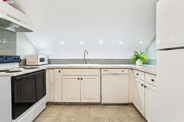 13616 SE Rhine St, Portland, OR 97236 - kitchen with white appliances, range hood, a sink, decorative backsplash, and vaulted ceiling