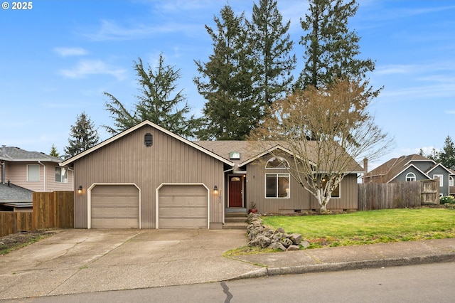 ranch-style house featuring a front lawn, fence, concrete driveway, a garage, and crawl space