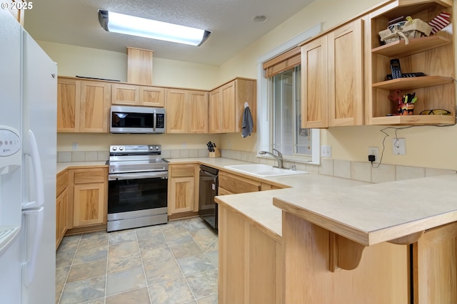 kitchen with light brown cabinets, appliances with stainless steel finishes, and a sink