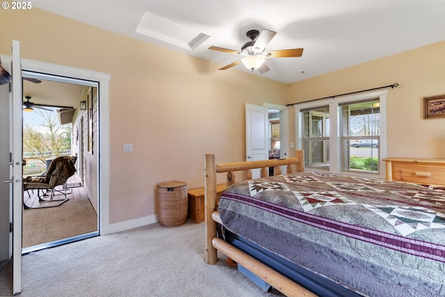 bedroom featuring ceiling fan, baseboards, access to exterior, and carpet flooring