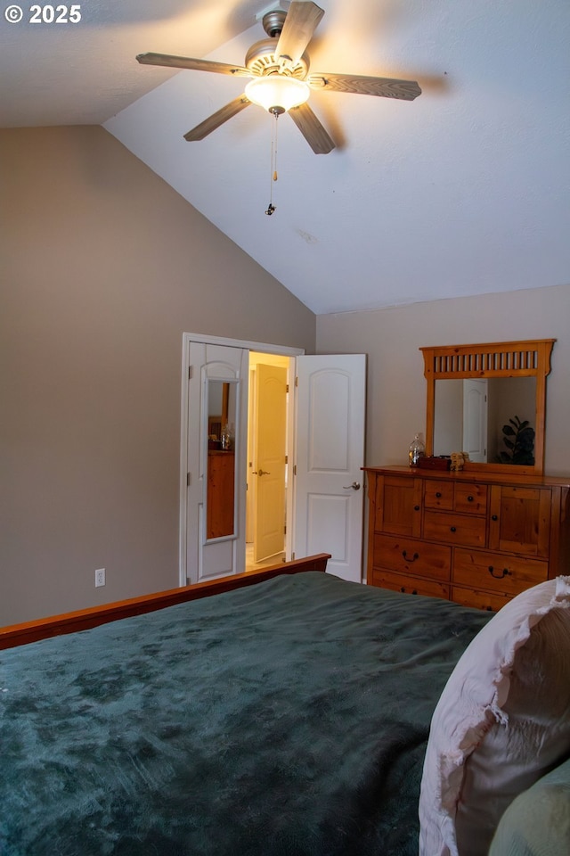 unfurnished bedroom with carpet floors, vaulted ceiling, and ceiling fan