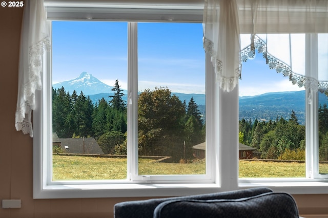 interior space with a mountain view