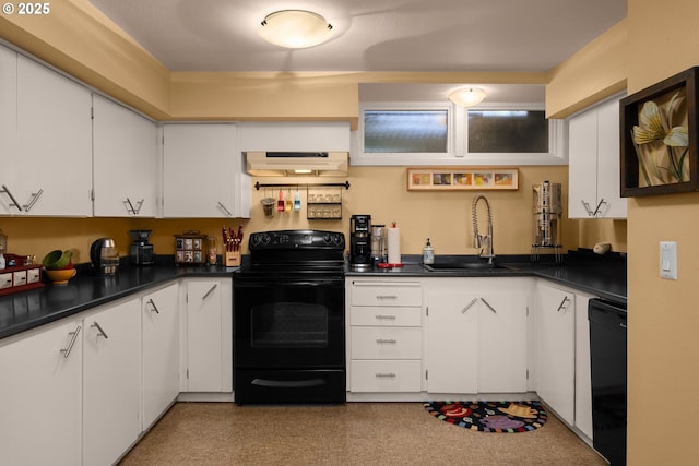 kitchen with under cabinet range hood, a sink, white cabinets, black appliances, and dark countertops