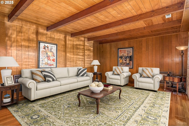 living room featuring wooden ceiling, beam ceiling, wood finished floors, and wood walls