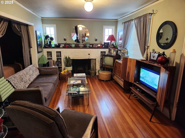 living room with crown molding, a fireplace, and hardwood / wood-style floors