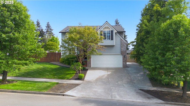 view of front of house with fence, an attached garage, brick siding, a front yard, and concrete driveway